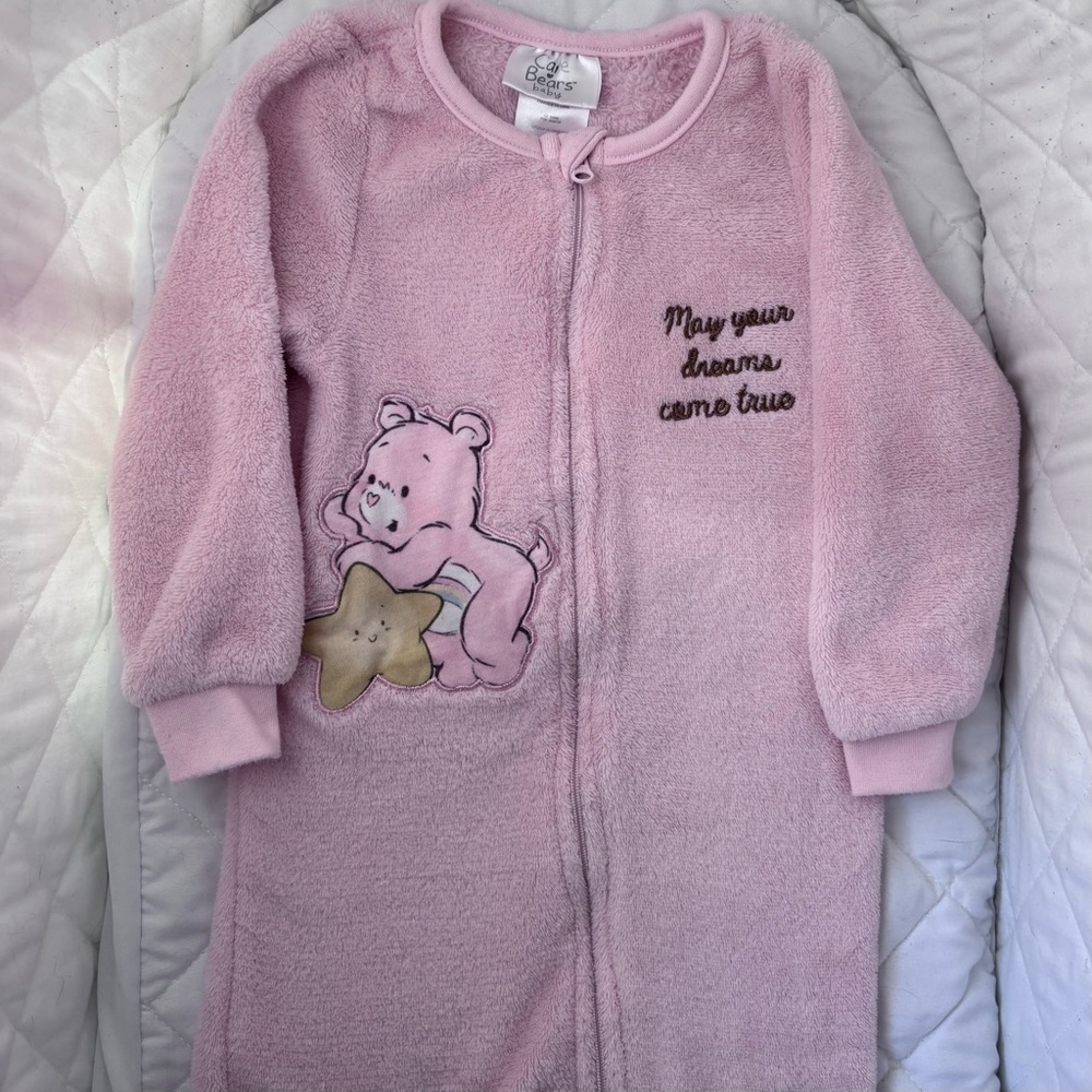 ⭒ 18-24M Care Bears Fleece Pink Embroidery Onesie Patch Pastel Pink Pyjama ⭒